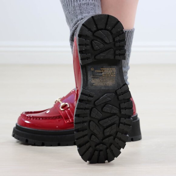 Red Patent Horsebit Loafers Chunky Platform Lug Sole Slip-Ons Grunge 90s Vibes - Picture 9 of 16